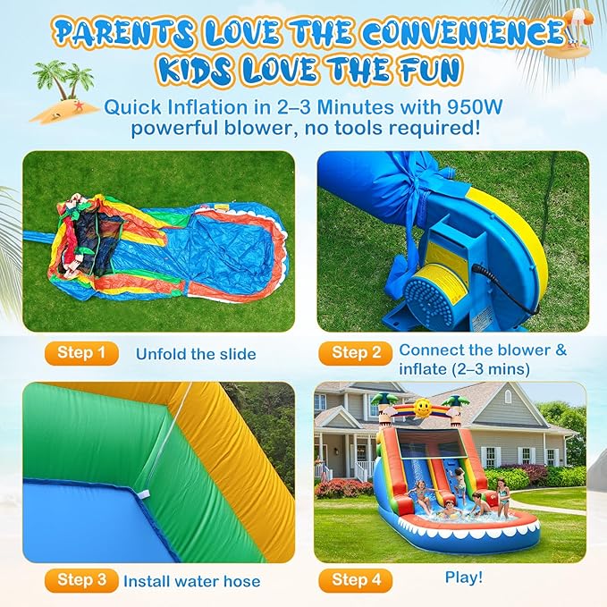 Tropical Inflatable Water Slide for Kids & Adults – 21FT Giant Blow Up Pool Slide with Climbing Wall, Splash Pool, Palm Tree Theme – Wet & Dry Use, 950W Blower, Backyard Summer Fun