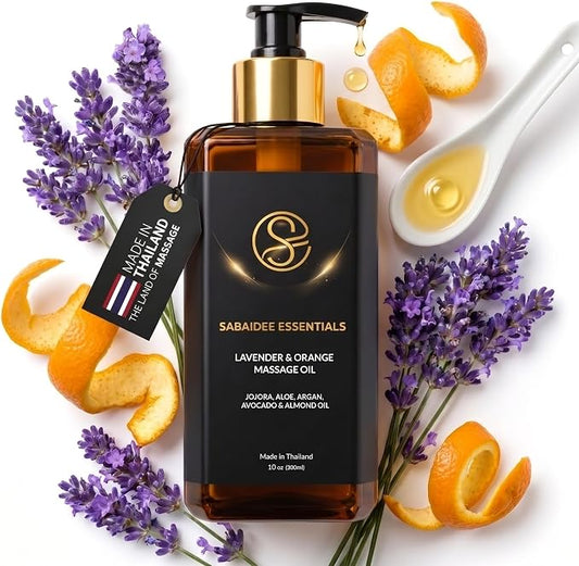 Aromatherapy Massage Oil - Lavender & Orange Thai Body Oil for Massage Therapy - Relaxing Scented Body Massage Oil with Jojoba, Argan, Aloe, Avocado & Almond, Large 10 Fl Oz
