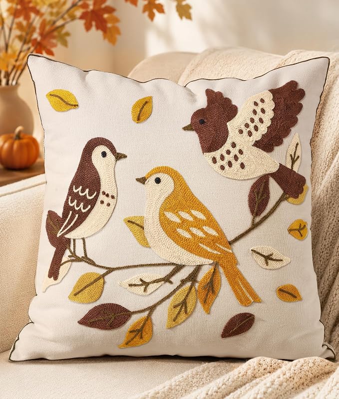 Fall Embroidered Throw Pillow Cover 18x18 Inch, Bird Leaves | Decorative Pillow Cover, Farmhouse Cushion Cases with Hidden Zipper, Autumn Decor for Couch, Sofa, Bed, Living Room