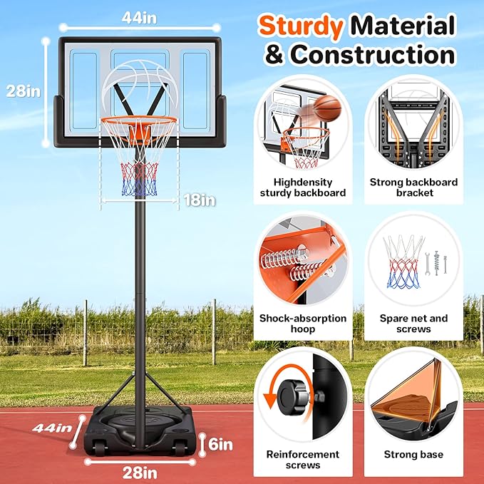 Yohood Basketball Hoop Outdoor 10ft Adjustable, Portable Basketball Hoop Goal System for Kids Youth and Adults in Backyard/Driveway/Indoor, 44 Inch Shatterproof Backboard and Larger Base