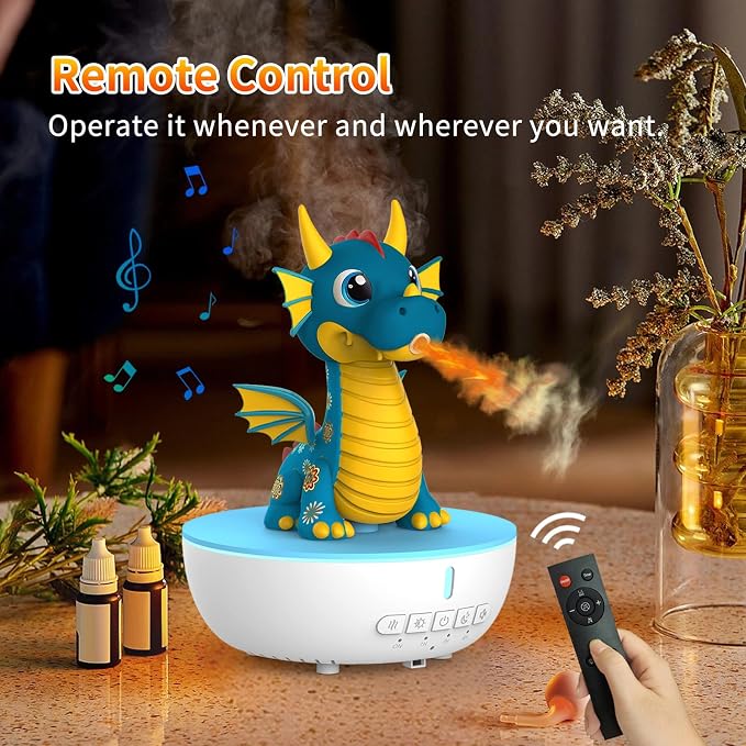 Dragon Aromatherapy Humidifier, 200ML Mini Desktop Essential Oil Diffuser, White Noise Machine with 10 Soothing Sounds, Cute Small Humidifiers for Kids Bedroom, Home, Office (Blue)