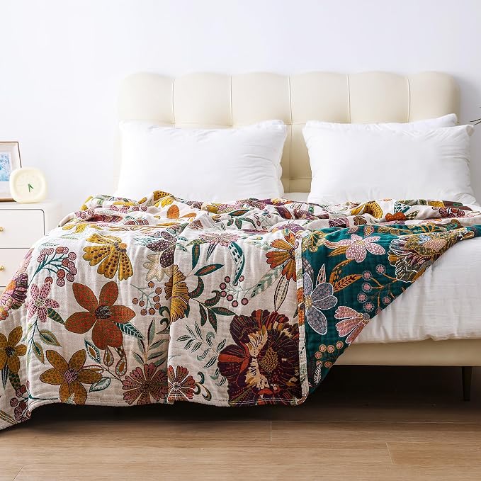 VANJOROY Queen Boho Throw Blanket for Bed, 100% Cotton Muslin Soft Throw-Floral Farmhouse Rustic Decor Blanket for Couch Sofa Quilt and Gift, 80" x 90"-BeigeWhite