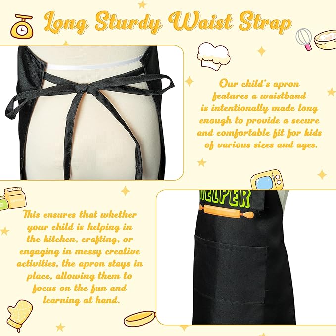 R HORSE 2Pcs Kid Apron and Chef Hat Set Adjustable Children Black Kitchen Apron Dress up Role Play Chef Toy Cooking Baking Painting and Training Kits Kid Funny Cooking Gift Birthday Gift for Kids