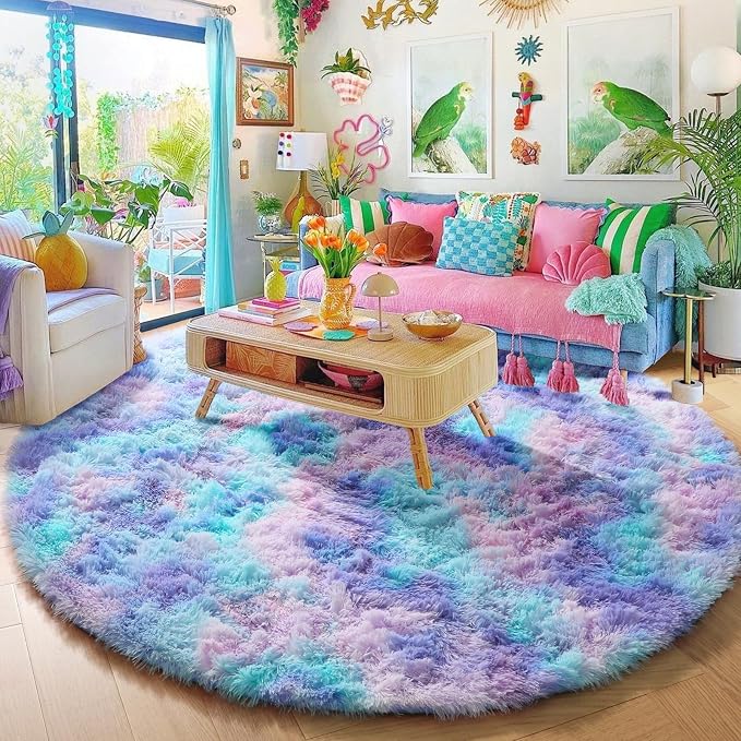 Amdrebio Purple Rainbow Round Rug 5Ft for Bedroom Girls Room Decor, Mermaid Kids Rugs for Playroom Nursery Dorm Classroom, Fluffy Fuzzy Cute Shag Carpet, Soft Kawaii Circle Area Rugs for Baby Toddler