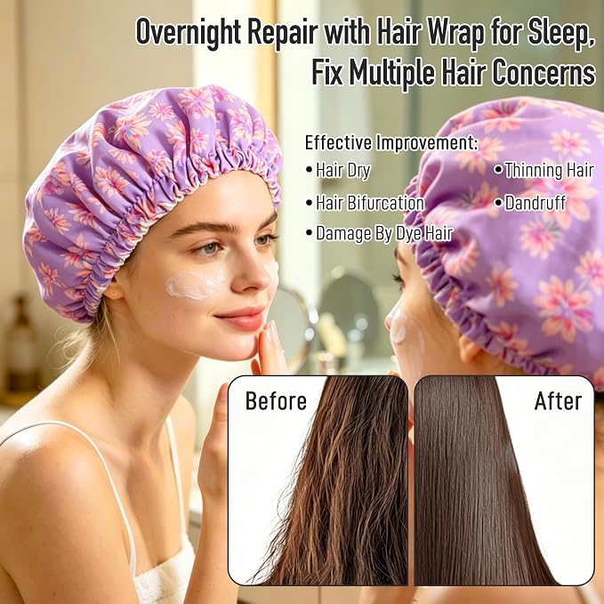 Castor Oil Pack Wrap Organic Cotton for Hair Growth, Overnight Hair Wrap for Sleep, Reusable Hair Mask Cap for Castor Oil Treatment of Balding,Thinning Dry and Damaged Hair(Oil Not Included) Purple, S
