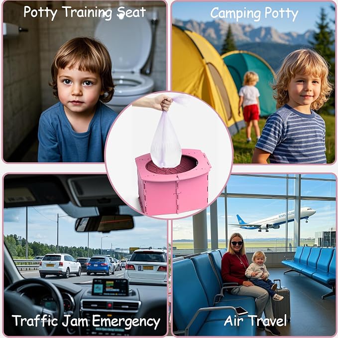Portable Potty Seat for Toddler Foldable Travel Potty Training Toilet Seat with Cleaning Bags Reusable for Outdoor Camping, Travel, Kids Toddler Travel Potty Seat (Pink)