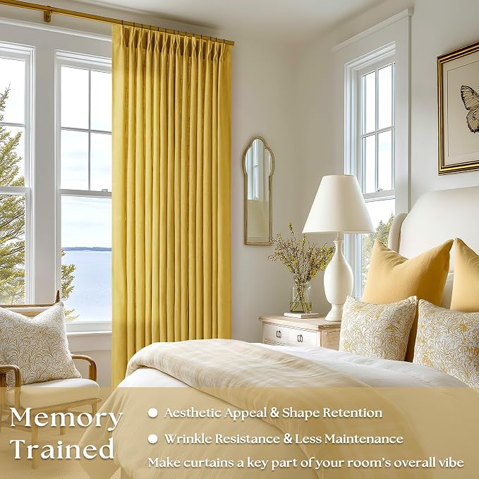 Mustard Yellow Pinch Pleated Linen Sheer Curtains 45 Inch Length 2 Panels | for Kitchen Small Bay Window Basement, Pinch Pleated with Hooks Rings Back Tab, Memory Shape, Thick Linen Semi Sheer, W40xL45