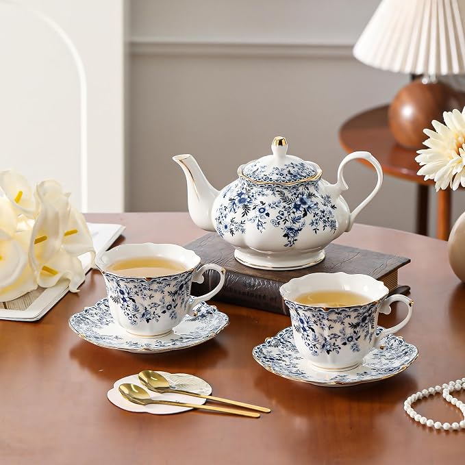 TATSUMI Country Roses Porcelain Tea Set, European Ceramic tea set for one or two,Vintage Style, For Women and Tea Parties (BLUE, 7 Pieces Set)