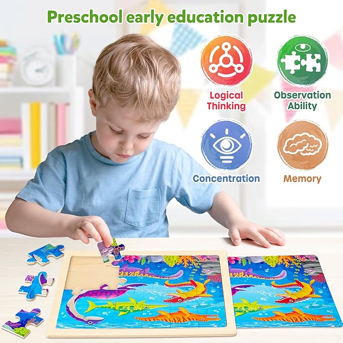 SYNARRY Large Wooden Dinosaur Puzzles for Toddlers 3-5, Wood Dino Puzzles for Kids Ages 4-6, Dinosaur Toys for Kids 3-5, Preschool Educational Children Learning Gifts for 3 4 5 Year Old Boys Girls