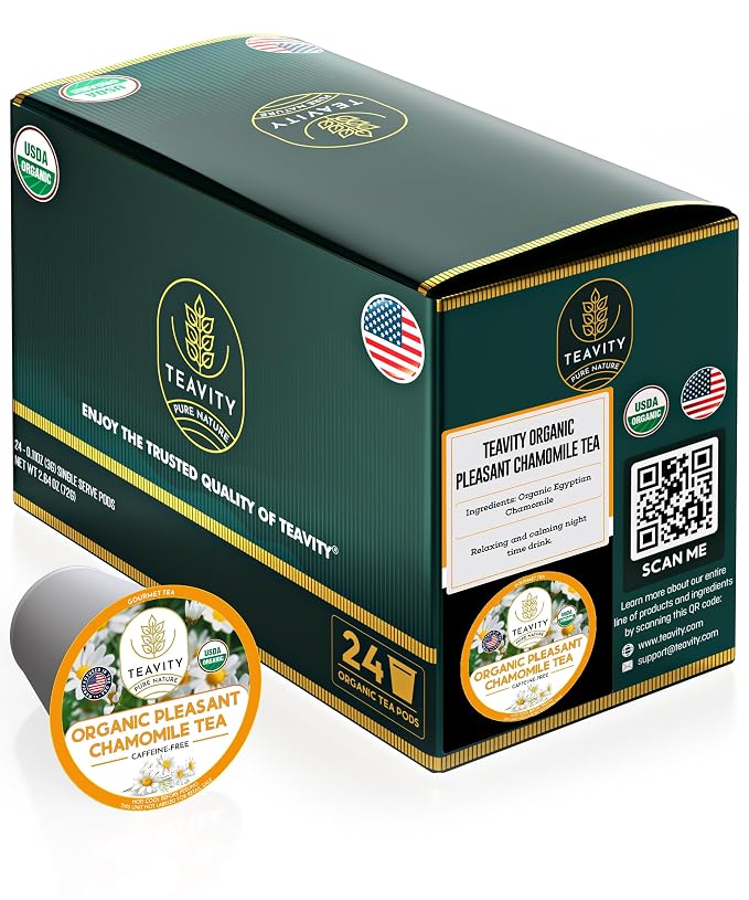 Organic Chamomile Tea Pods for Keurig - Decaf Tea Pods - Pleasant Chamomile by Teavity (24 Tea Pods)