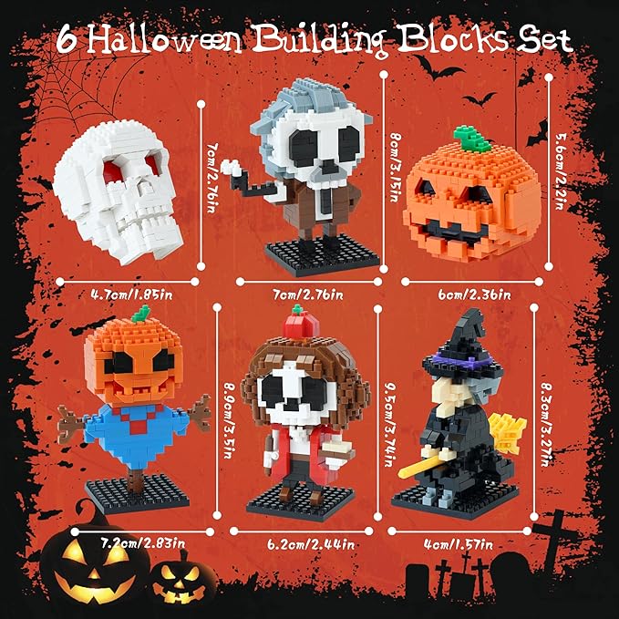 6 Pack Mini Halloween Building Blocks,Halloween Building Toys Set or Kids, Halloween Toy Building Sets, Halloween Mini Building Block Sets for Boys or Girls 8+