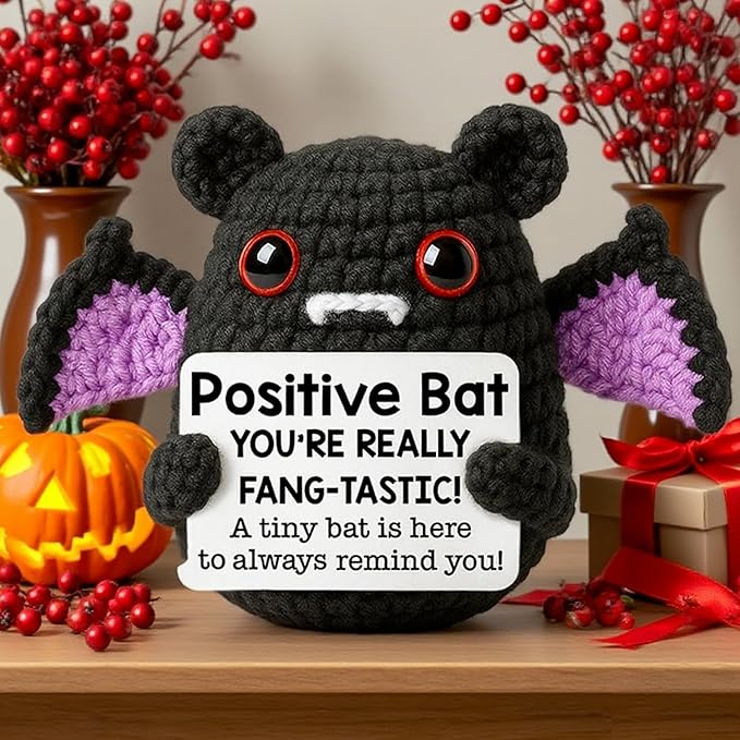 Mini Funny Handmade Positive Bat Crochet Animals Emotional Support Crochet Gift,Inspiring Gifts for Him Her,Men Women, Son Daughter,Birthday,Halloween