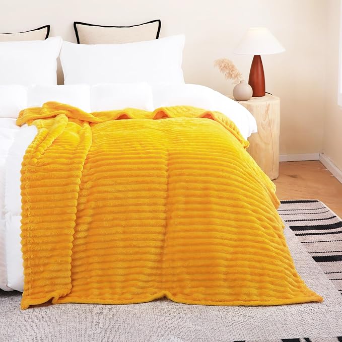 Gold Fleece Throw Blanket 108”×90” for Couch Sofa Livingroom | Super Soft Cozy Plush Microfiber Flannel Bed Blanket Striped Design Lightweight Home Decor Gifts for Adults Mom Women
