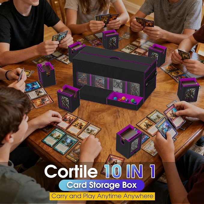 Cortile Commander Deck Box for MTG, 10 IN 1 Card Deck Box with 8-Deck Modular Card Case and 2 Dice Trays Holds 1040+ Double-sleeved Cards, Removable MTG Deck Box with Handle for TCG/EDH, Black Purple