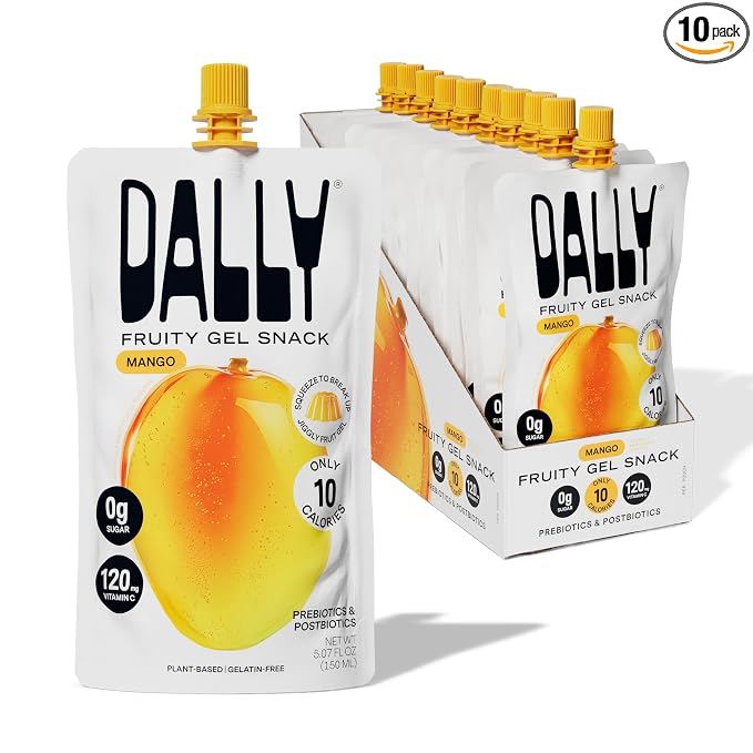 Dally Mango Drinkable Konjac Jelly, 10 Pouches, Korean Fruit Snack | Sugar free, keto and gluten free; prebiotics, postbiotics and vitamin C for skin and immune health