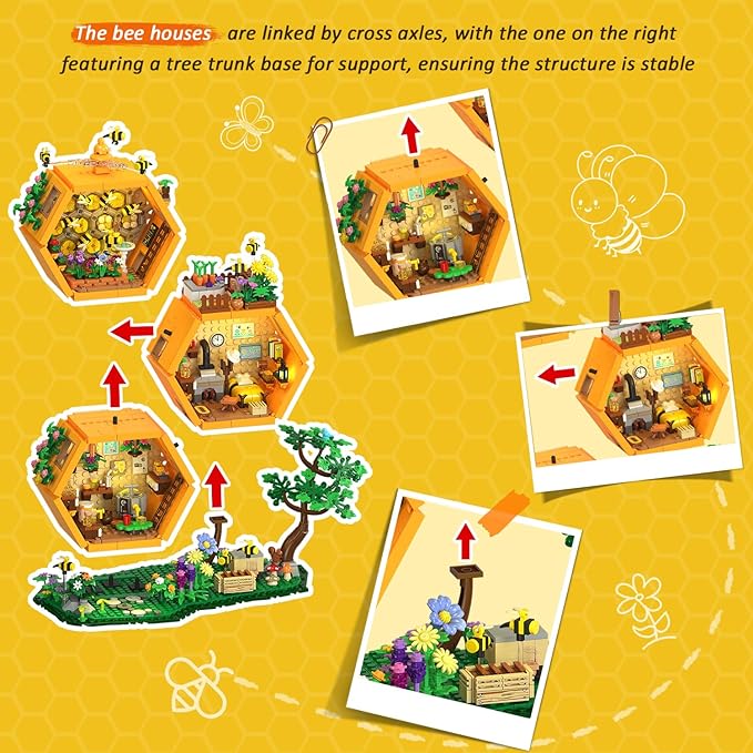 INSOON Farm Bee House Building Set with Lights, 1773PCS Honey Cabin Building Block Kit with Flowers Botanical Animals, Treehouse Construction Model Home Decor, Easter Gift for Adults Boys Girls 12+