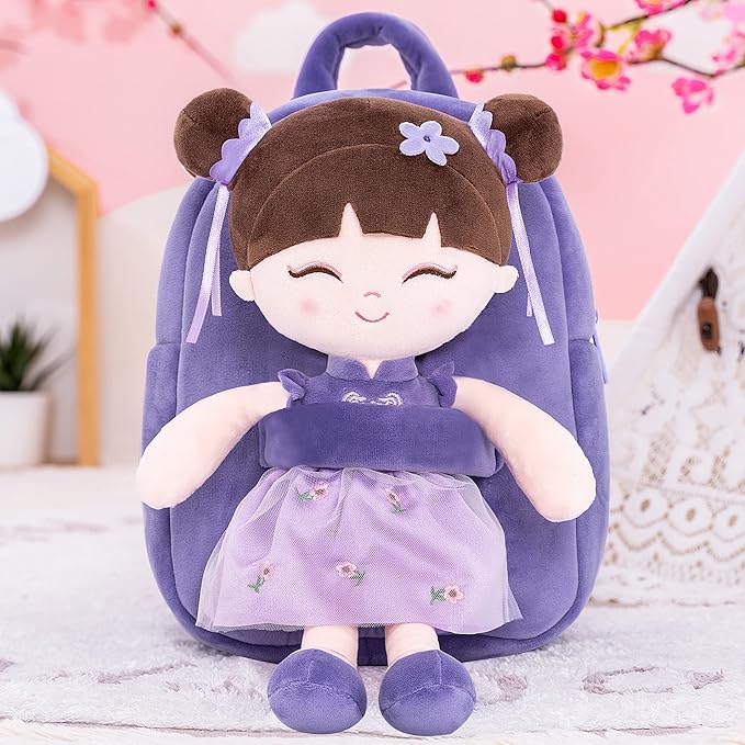 Gloveleya Back to School Gifts for Girls Kids Backpack Toddler Backpack Soft Plush Asian Girl Doll Backpacks Purple 9"
