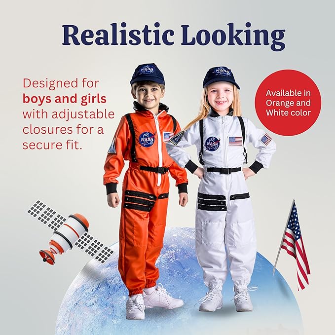 Dress Up America Kids NASA Astronaut Costume – Orange Space Suit with Cap – Realistic Halloween & Dress-Up Outfit