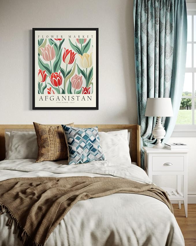 Afghanistan, Tulip Art Print Poster, Flower Market Wall Art, Floral Artwork Decor for Bedroom, Kitchen, Bathroom, Livingroom Decoration 52 (Afghanistan, Tulip, 24"L x 18"W, Black Frame)