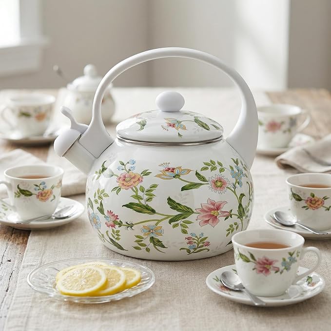 Jucoan 2.3 Quart Vintage Enamel Tea Kettle, Whistling Tea Kettle for Stove Top, Floral Enamel on Steel Teakettle Teapot for Home Kitchen Camping, Gift for Wedding Housewarming Mother's Day