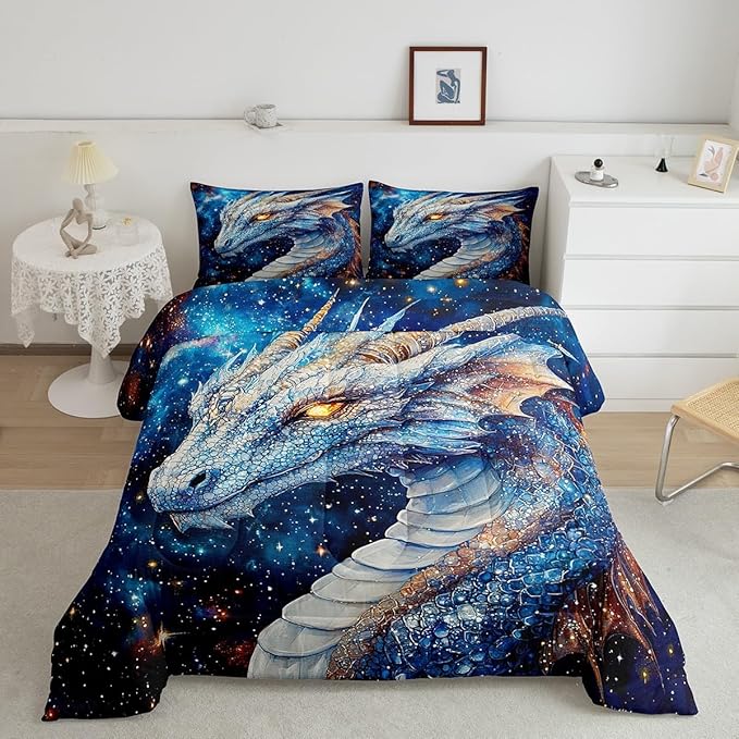 Feelyou Dragon Comforter Set Queen Size Dragon Stuff Comforter for Boys Girls Teens Wild Life Bedding Set Dragon Decor Duvet Set Room Decor Blue Quilt Set