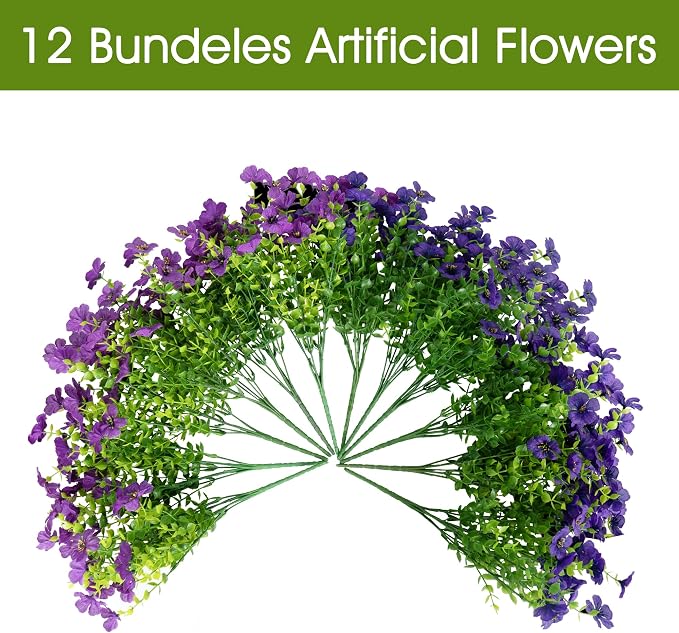Artificial Faux Flowers Plants for Outdoors Outside Spring Summer Decoration,12 Bundles Realistic Fake Flowers Plant Greenery Silk Daisy UV Resistant Planters Porch Patio Garden Home (Double Purple)
