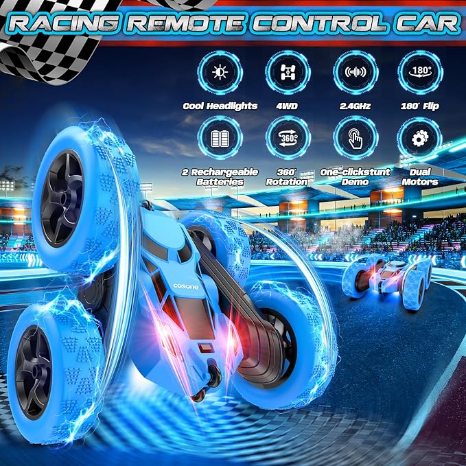 cosone Remote Control Car, RC Cars Toys for Kids Ages 6-12, 4WD Stunt Car with LED Lights & 360° Flips, 2.4GHz, Upgraded USB-C Modular Batteries, 6-10 Year Old Boys Birthday Gift - Blue