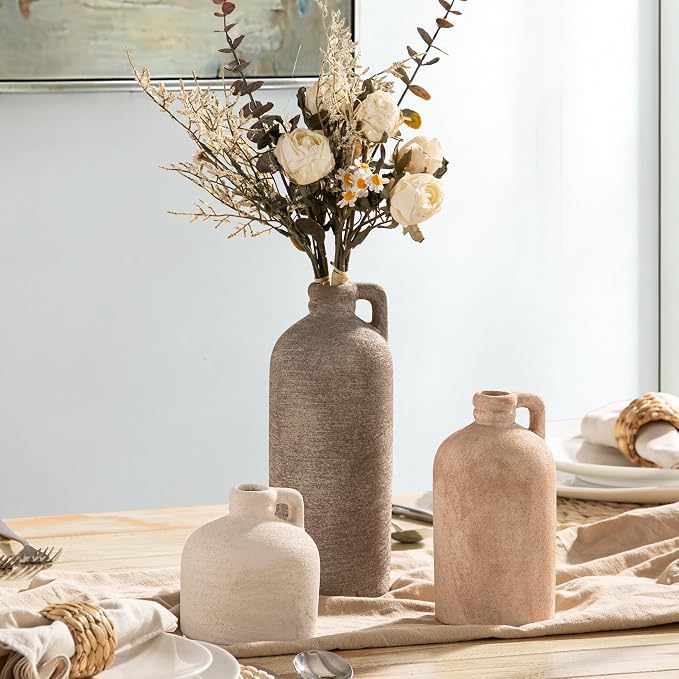 Ceramic Vase Home Table Decor - Flower Vase Set of 3 Living Room Kitchen Decorations Farmhouse Modern Rustic Vases Decorative Centerpiece for Shelf Bedroom Office Bathroom Dining Coffee Desk