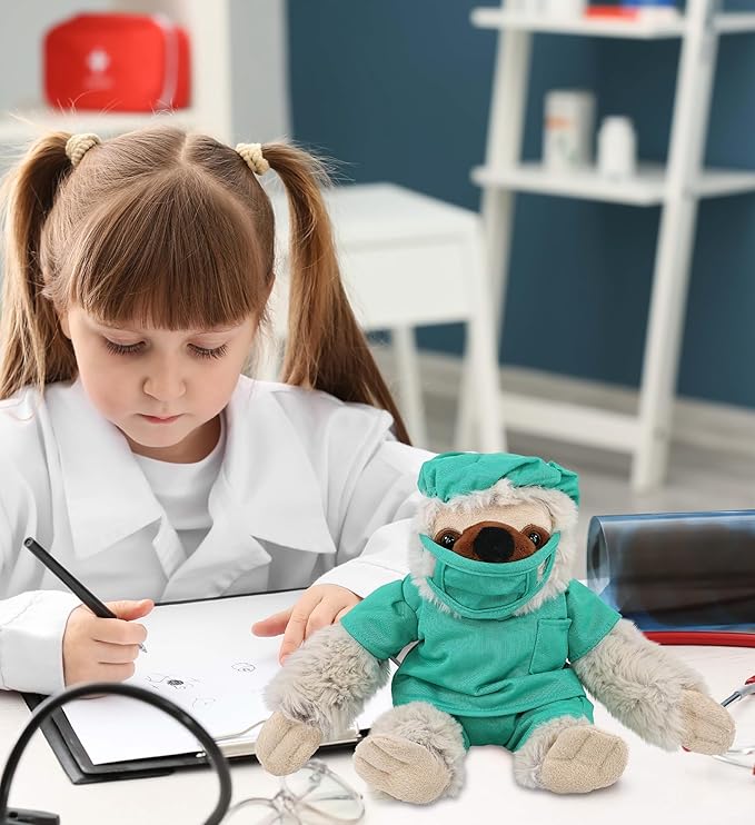 DolliBu Sloth Doctor Plush Toy - Super Soft Sloth Doctor Stuffed Animal Dress Up with Cute Scrub Uniform and Cap Outfit - Fluffy Doctor Toy Plush Gift - 7.5 Inches