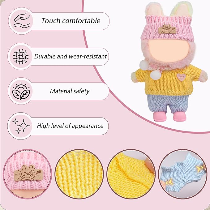 17cm Doll Clothes - 10PCS Cute Dolls Clothes and Shoes,Hat, 6.7 Inches Woolen Crochet Suit,Strap Jumpsuit, with Scarf Glasses - Adorable Pink Blue Dolls Accessories (NoDoll)