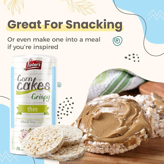 Lieber's Corn Rice Cakes, Gluten-Free Vegan Snack, 2.9 Oz, Pack of 3 | Kosher Certified, Dairy-free and Wheat-free, Made with Whole-grain Brown Rice and 60 Calories or Less per Cake.