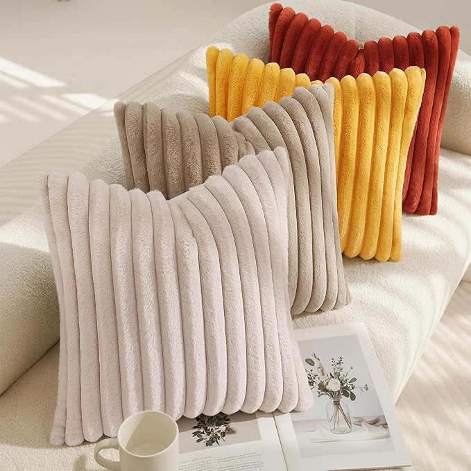 decorUhome Fall Faux Fur Throw Pillow Covers 16x16 Set of 2 Khaki Brown | Decorative Soft Cozy Striped Plush Modern Farmhouse Boho Couch Pillow Cases Velvet Back for Sofa Bed Living Room Home Decor
