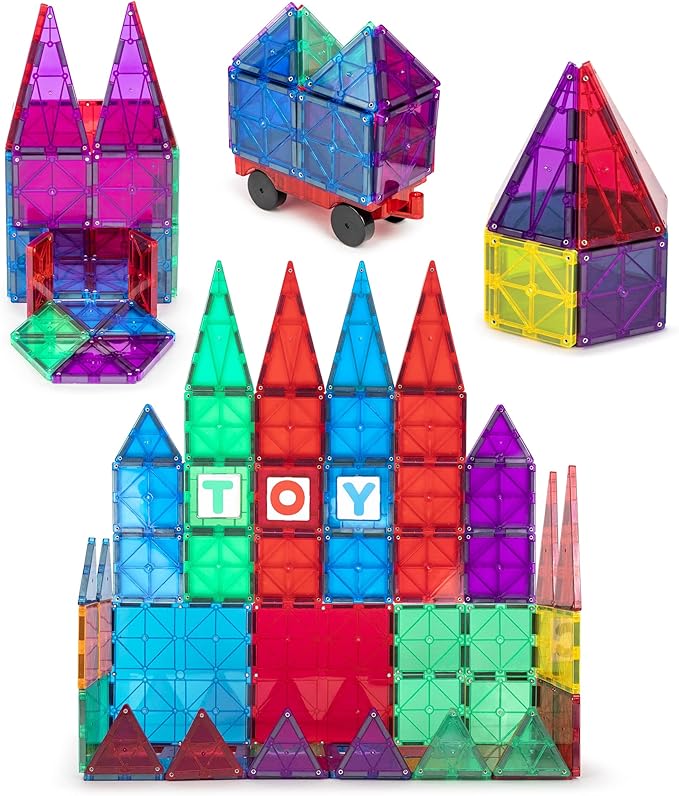 Playmags Magnetic Tiles Building Set 56 Pcs Set with Car - Super Durable Magnet Blocks, STEM Development Kids Building Toys for Boys Girls & Toddlers