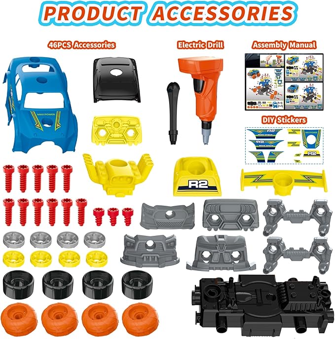 Pup Go 3-in-1 Construction Car for Boys Ages 3+ Years Old, Take Apart Car with Electric Drill, 46 Pcs Cars Building Kit, Build Your Own Toy Cars with Tools, Ideal STEM Present for Kids Children(Blue)