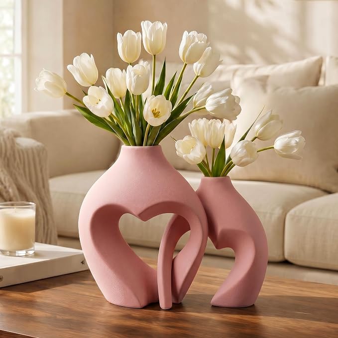 Ceramic Flower Vases Table Decor Heart Shaped Vase Set of 2 Pink | Nordic Heart Shaped Vases Minimalist Decorative Vase for Table Centerpiece Wedding Dining Living Room Office House Decoration