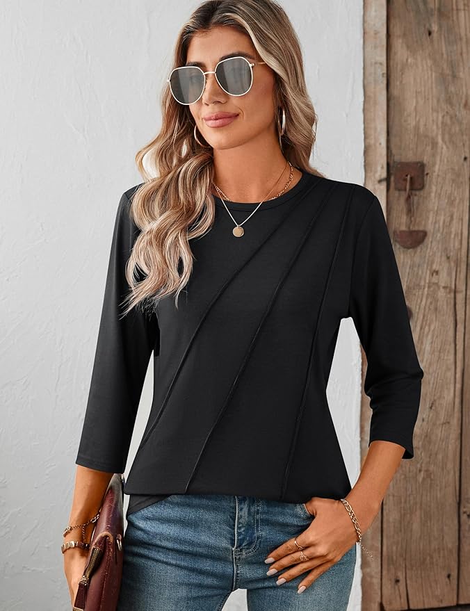 LOMON 3/4 Length Sleeve Womens Tops Spring Summer Fashion 2026 Tops Crew Neck Pleated Shirts Tunic Top Loose Fit