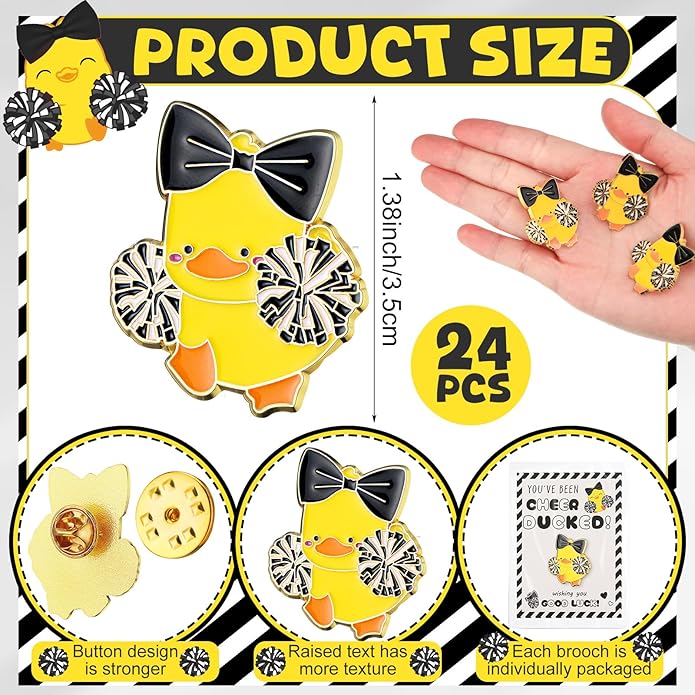 Quelay 24 Pack Cheer Team Gifts Bulk Cheerleader Duck Pins Brooches You've Been Cheer Ducked Tags Team Inspirational Gift Accessories for Teammates