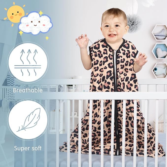 BSTOPPT 3 Pack Baby Sleep Sack 100% Rayon Cotton Baby Sleeping Bag 2-Way Zipper Toddler Wearable Blankets TOG 0.3. (Leopard&Cobble&Green, 0-6 Months)