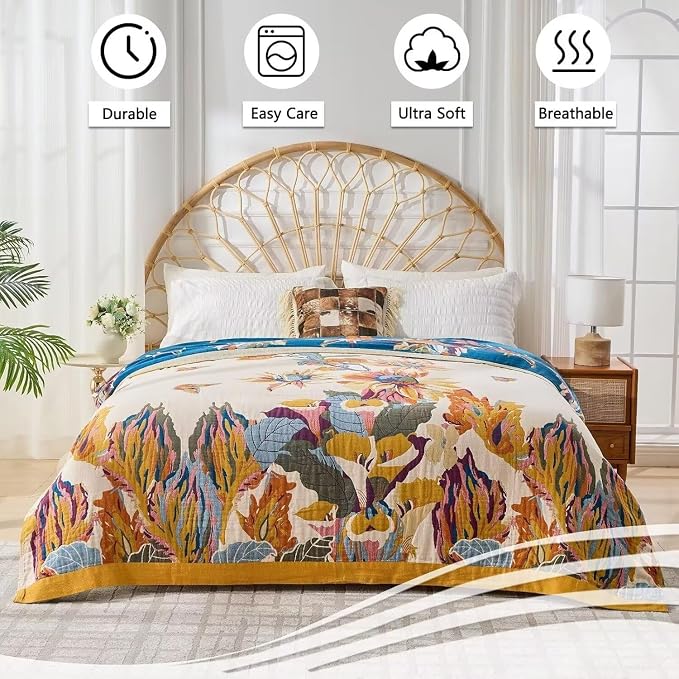 Boho Throw Blanket Farmhouse Decor Throw Blanket Bohemian Blanket for Bed 100% Cotton Muslin Woven Couch Blanket All Seasons Quilt Bedroom (D-Yellow, 60"x80")