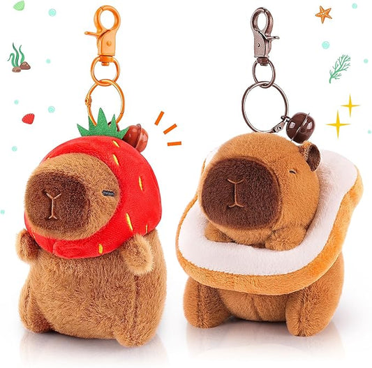 Achwishap 2PCS Capybara Plush Keychain,Cute Keychain Capybara Stuffed Animal,Soft Capybara Plushies Toys Key Chain,Kawaii Plush Stuffed Toys for Kids Adults(Capybara Strawberry Hat,Capybara Bread)