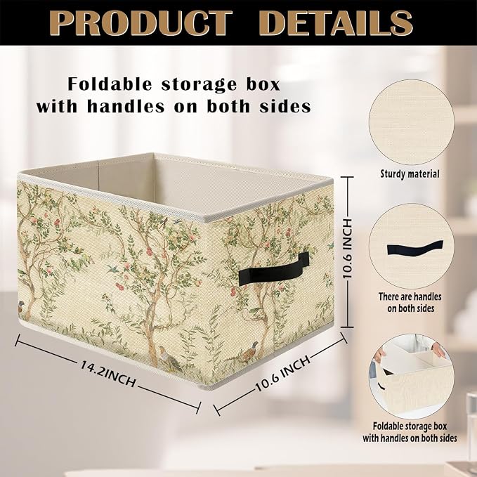 Beige Chinoiserie Floral Botanical Storage Bin Box with Handles, Cottagecore Aesthetic Foldable Organizer Basket Toybox for Girls Room Bedroom Bathroom Clothes Toys Books