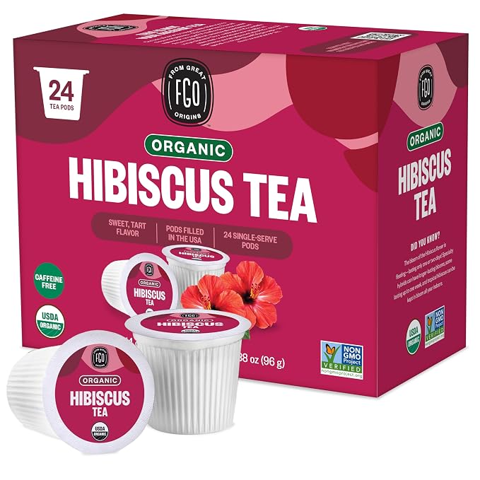 Organic Hibiscus Herbal Tea K-Cup Pods, 24 Pods by FGO - Compatible with Keurig - Naturally Caffeine-Free Tea, Premium Green Tea is USDA Organic, Non-GMO, & Recyclable