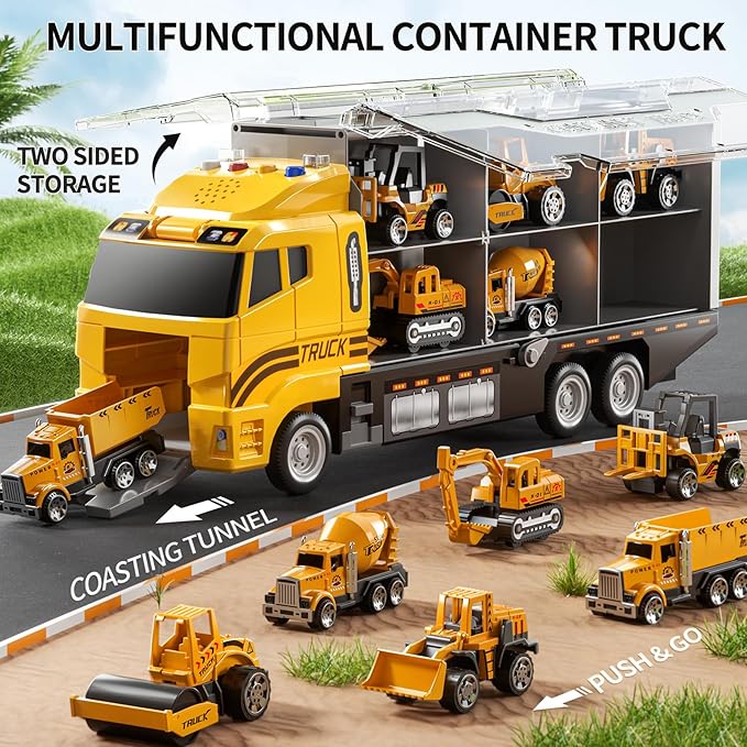 Toddler Boys Construction Truck Vehicle Toy Set with Play Mat and Die-Cast Toy Car, Transport Carrier Truck for Kids 3-5, Birthday Gifts Toys for 3-8 Year Old Boys