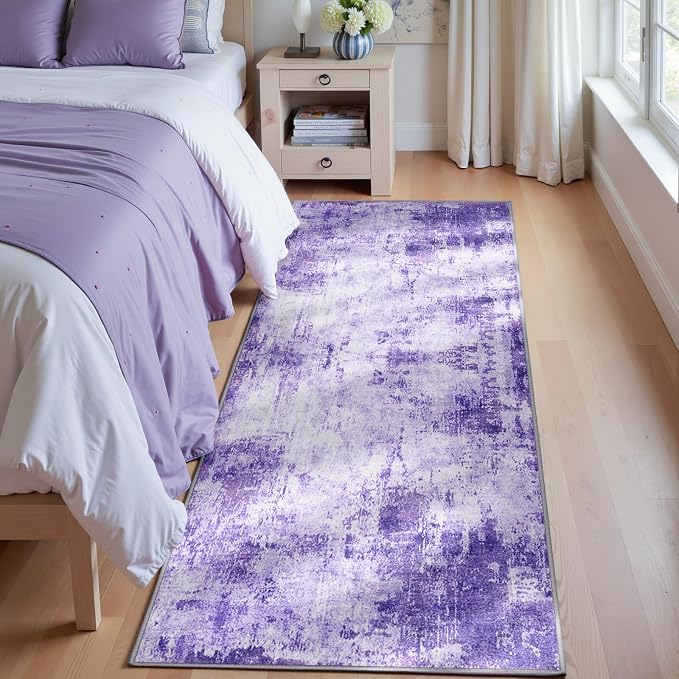 RELEANY Washable Runner 2'x8' Abstract Area Rug for Hallway Purple | carpet for kitchen, entryway, bathroom, living room, bedroom, printed pattern, non-slip, soft, stain-resistant, easy to clean