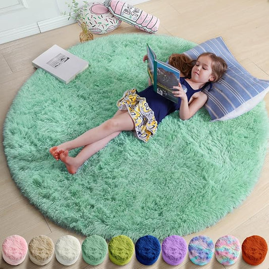 Amdrebio Sage Green Round Rug 6Ft for Living Room Bedroom, Fluffy Furry Circle Rugs for Nursery, Classroom, Baby Kids Room Decor, Cute Shaggy Area Rug for Teen Boys, Fuzzy Plush Light Mint Carpet