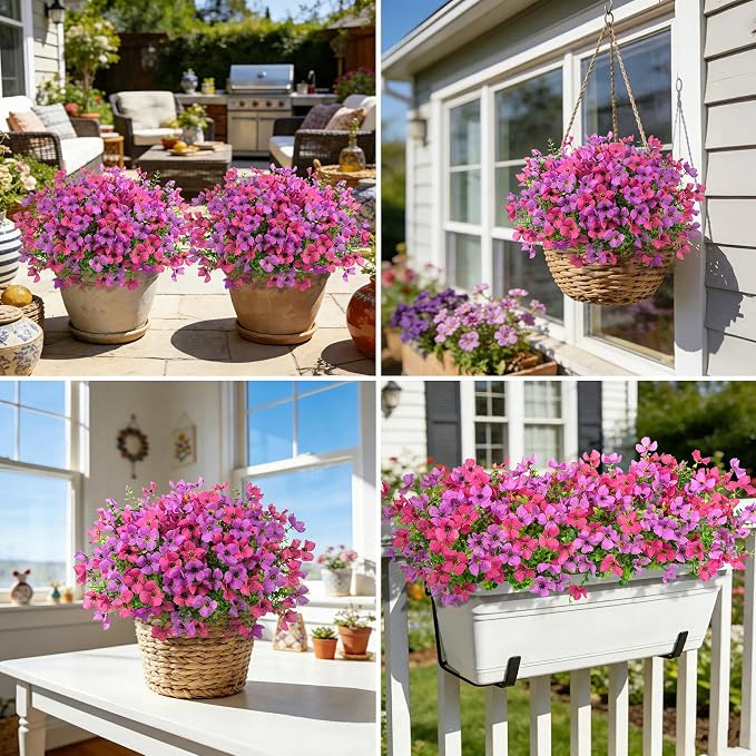 Ouddy Decor 16 Pcs Artificial Flowers for Outdoors Decor, Purple & Rose Red | Realistic, silk flowers, faux plastic plants, UV resistant, for summer garden porch window vase indoor outdoor home decor
