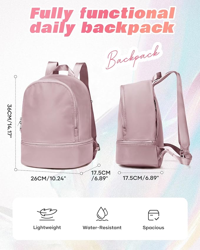 Small Gym Backpack for Women, Office-to-Gym Casual Daypack with Shoe Compartment, Lightweight Water Resistant Small-Size Bag, Clean Fit Style Work Backpack for Daily Use, Pink