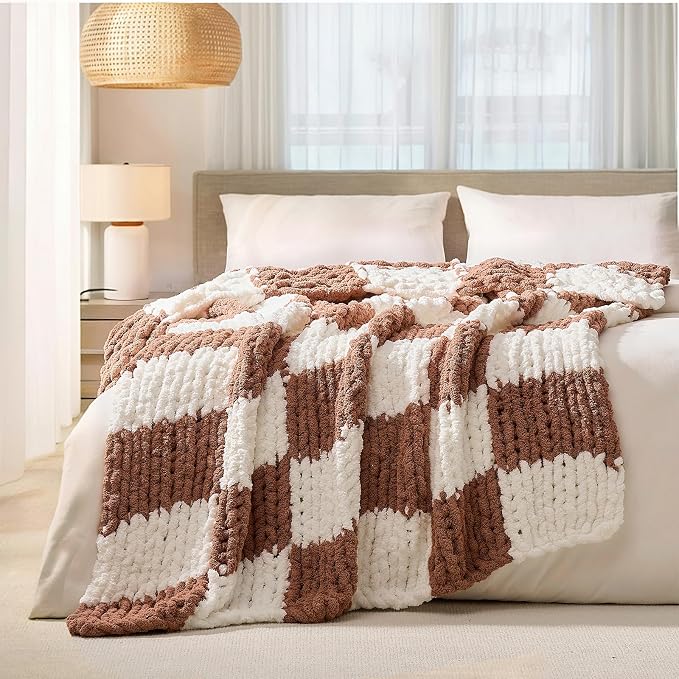 L'AGRATY Chunky Knit Throw Blanket for Couch 60 x 80 Inches Brown Checkered | Handmade Chenille Crochet Blanket for Sofa Bed, Thick Cable Knitted Blankets for Room Home Decor, Birthday Gift for Women Mom