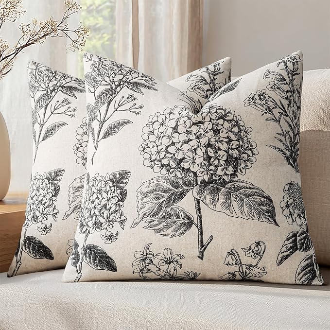 Set of 2 Decorative Floral Pillow Covers 18x18 Inch Black | Neutral Hydrangea Print, Boho Vintage Throw Cushion Covers, Cottagecore Home Decor, for Sofa Couch Porch Bedroom Living Room