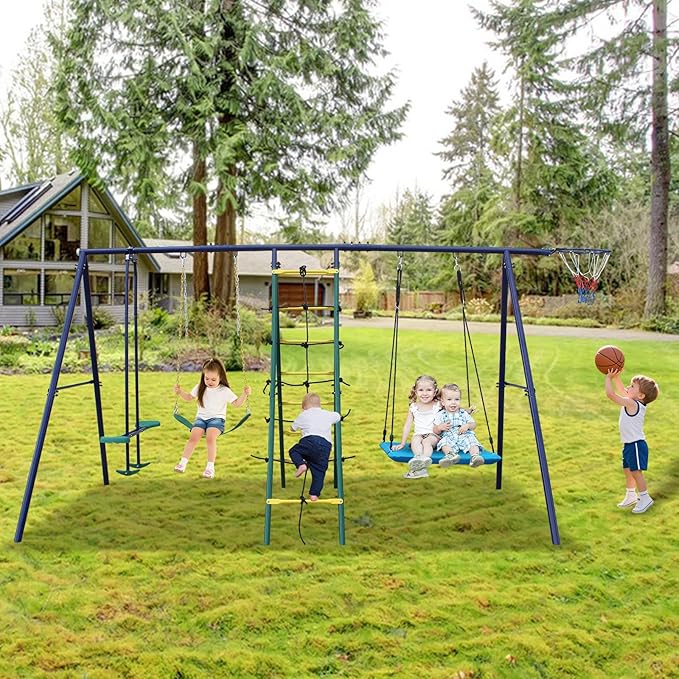 Swing Sets for Backyard, 6 in 1 Outdoor Swing Set, Heavy Duty Metal Swing Stand with Climbing Ladder, Climbing Net, Glider, Hammock Swing, Belt Swing, Basketball Hoop